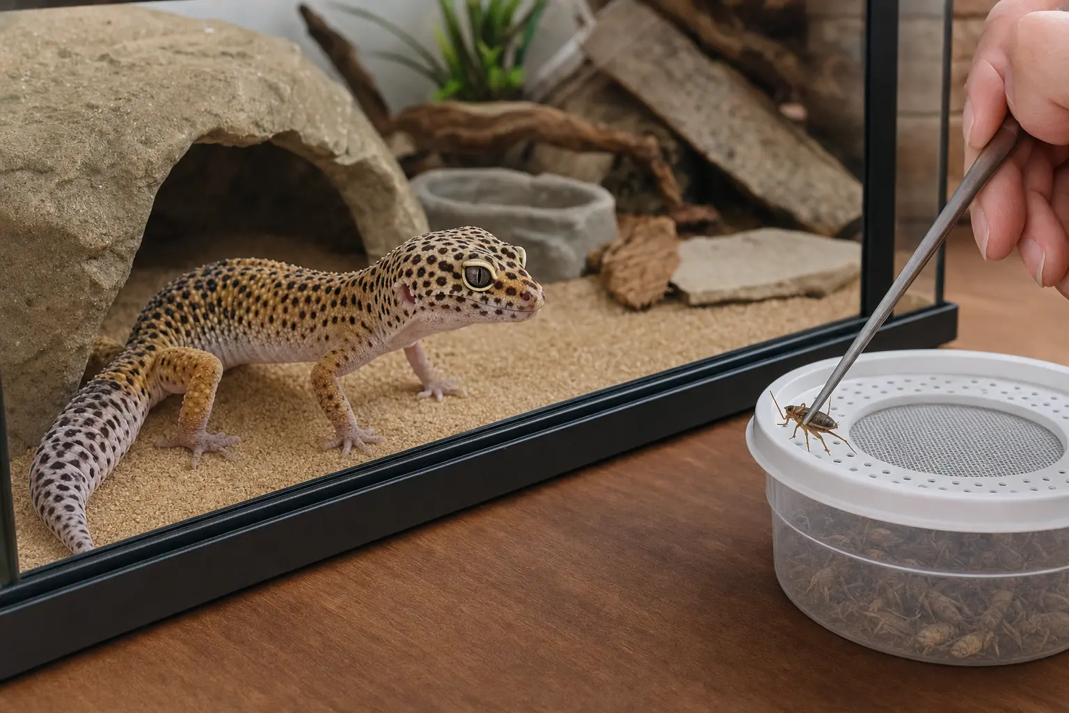 Healthy adult leopard gecko beside a clean closed container of captive-bred feeder insects.