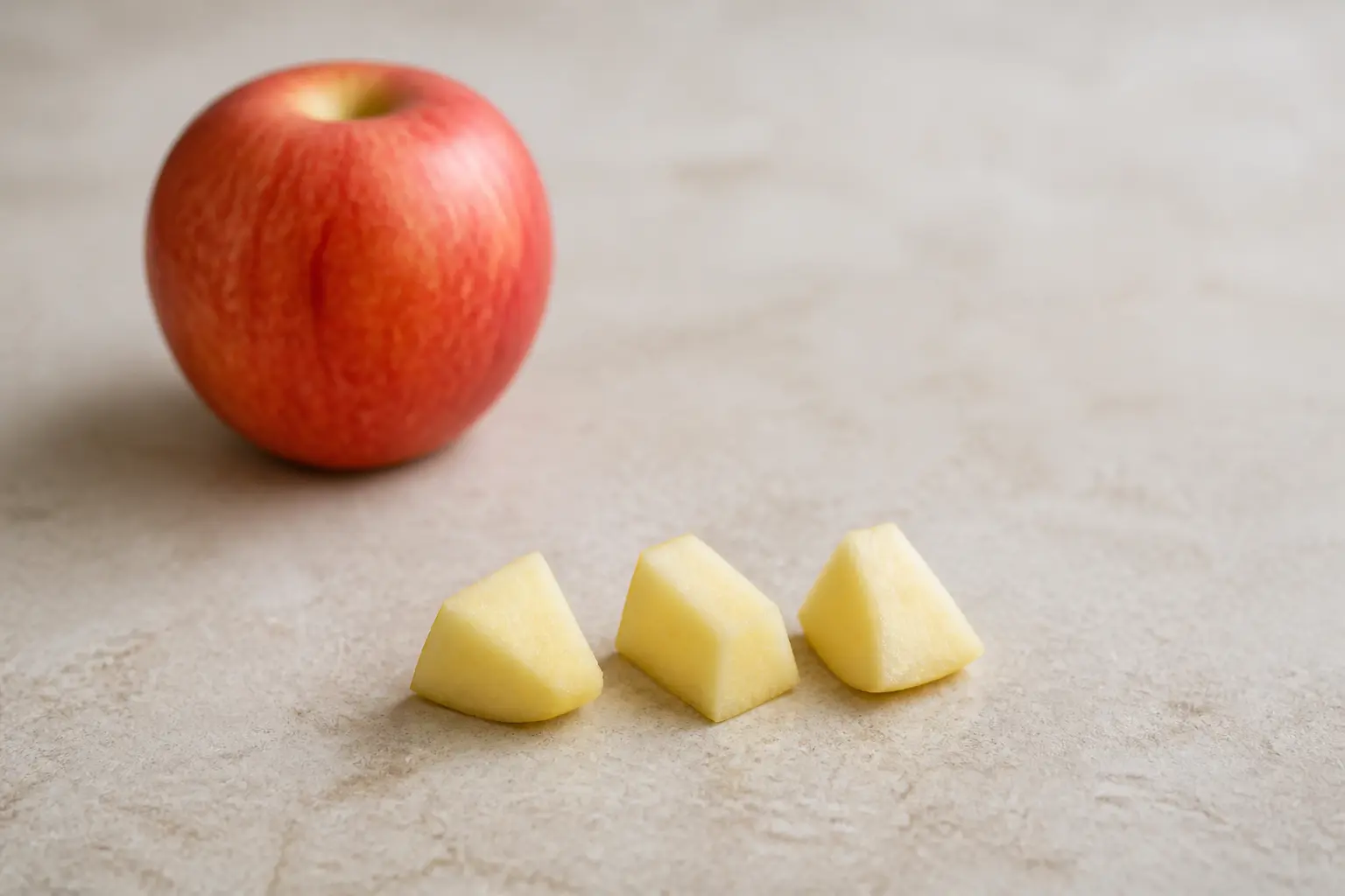A washed apple with three small pieces of plain flesh and no core or seeds in the preparation area.
