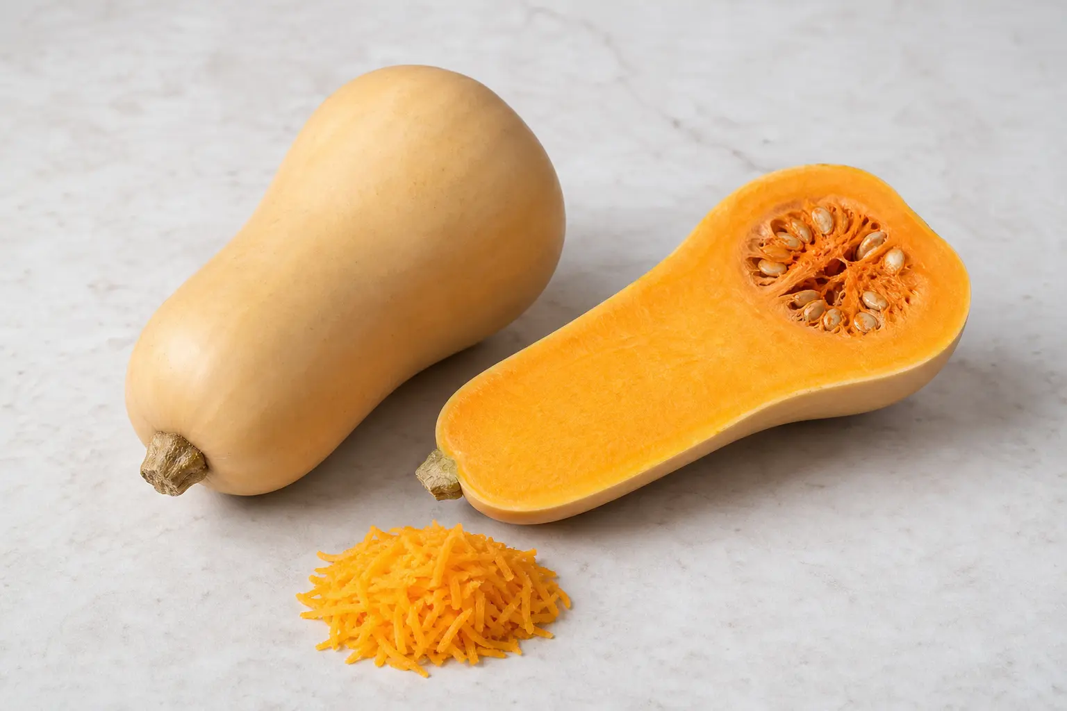 Fresh raw butternut squash with a small amount of plain grated flesh.