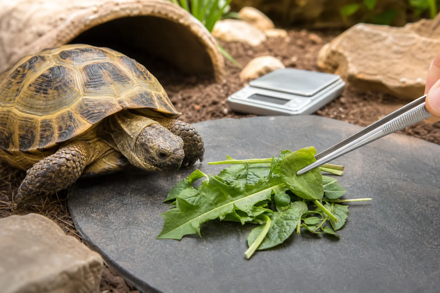 Healthy adult Russian tortoise beside a measured serving of fresh species-appropriate leafy greens.
