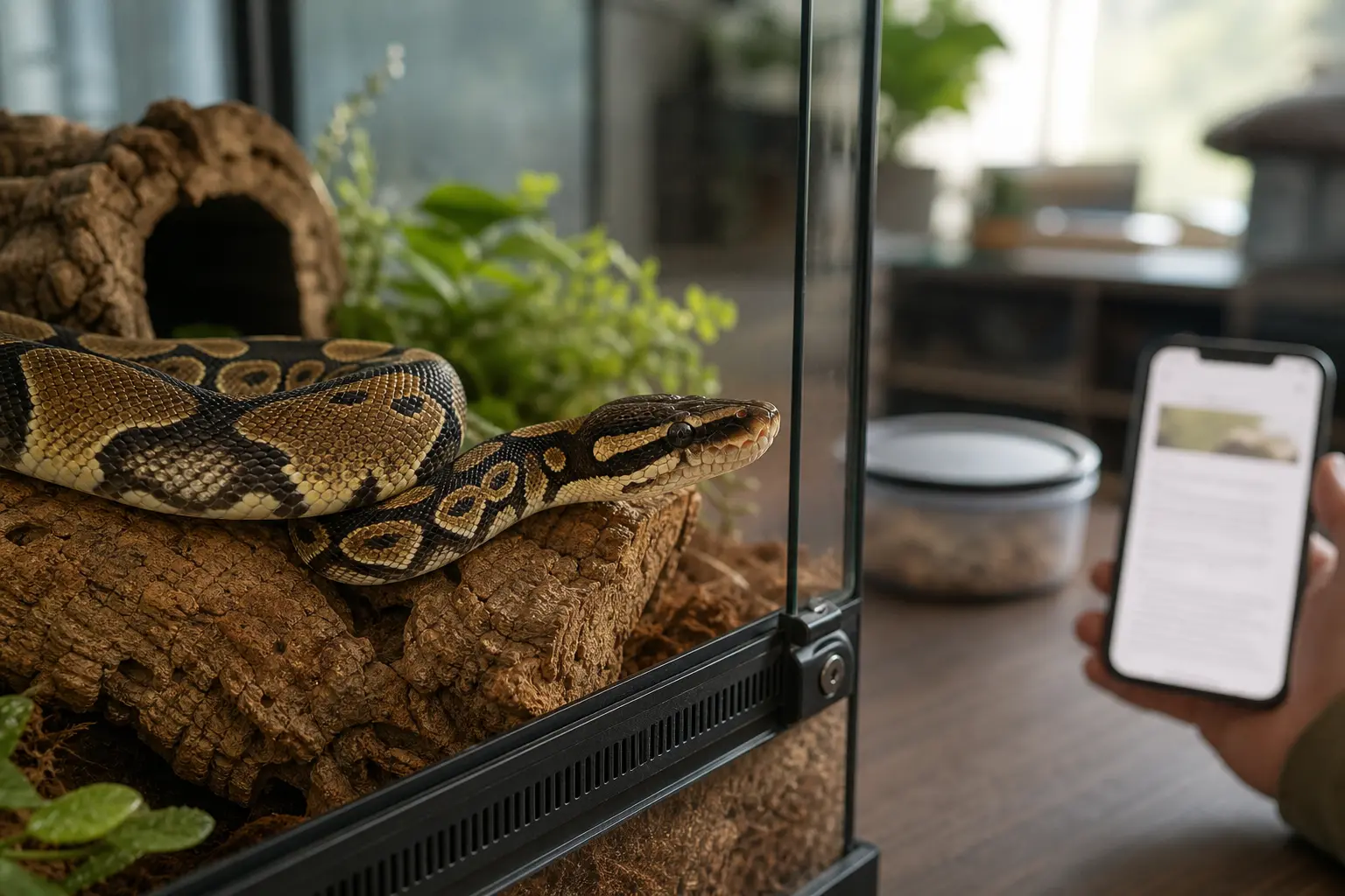 Healthy adult ball python in a secure habitat while its keeper checks a species care guide nearby.