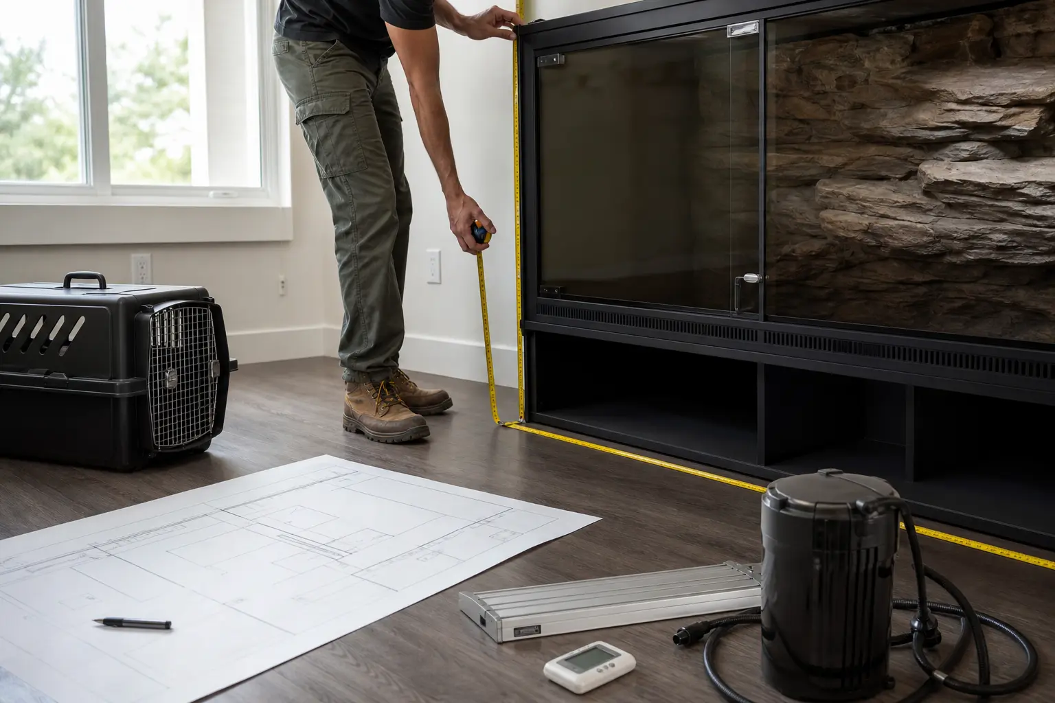 Keeper measuring an adult reptile enclosure beside a carrier, filter, UVB fixture, probes, and floor plan.