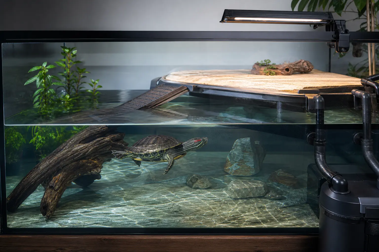 Red-eared slider swimming in deep filtered water below a secure ramp and completely dry heated UVB dock.