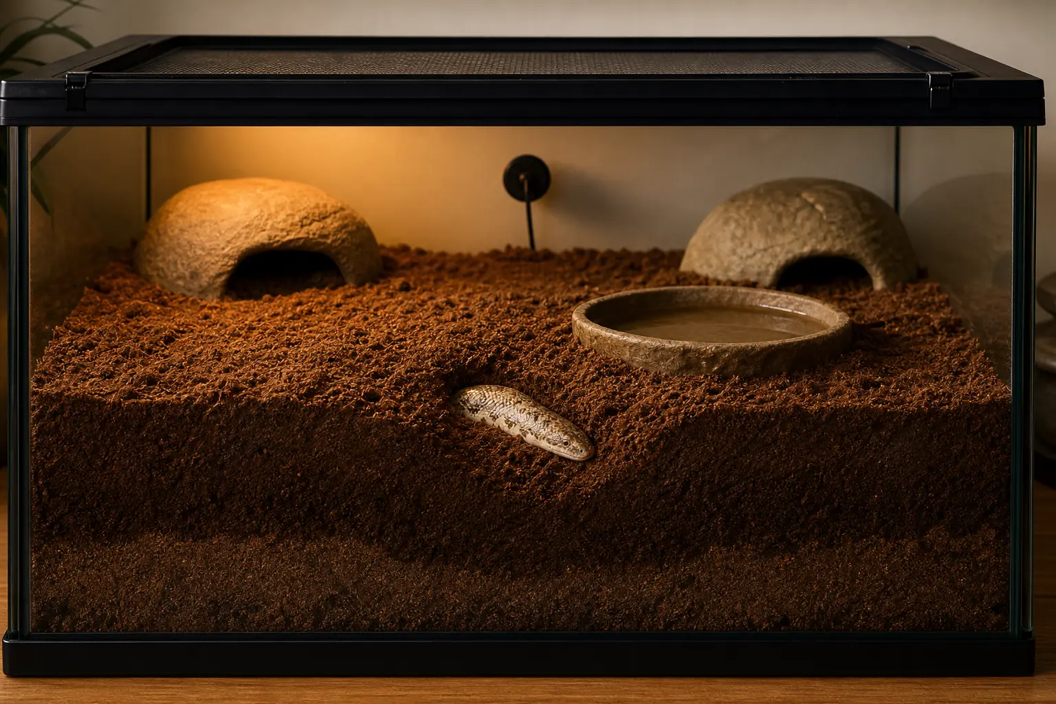 Kenyan sand boa emerging from deep burrowing substrate inside a secure enclosure with two hides, water, and a fixed probe.