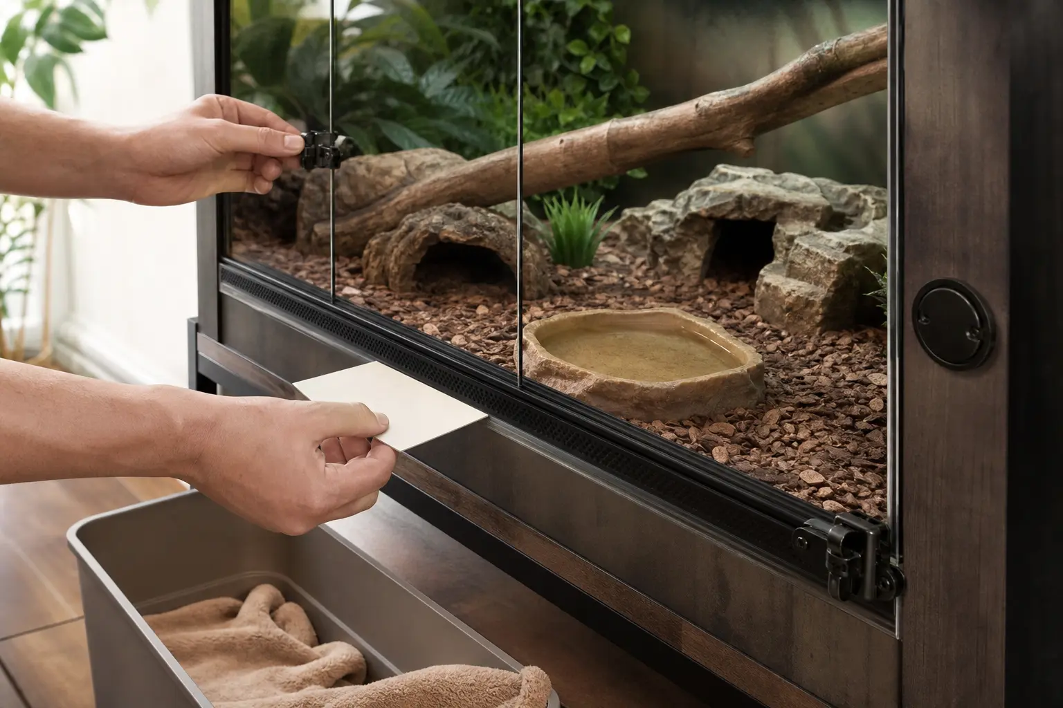 Keeper checking reptile enclosure latches, door gaps, ventilation, cable ports, and anchored furnishings before arrival.