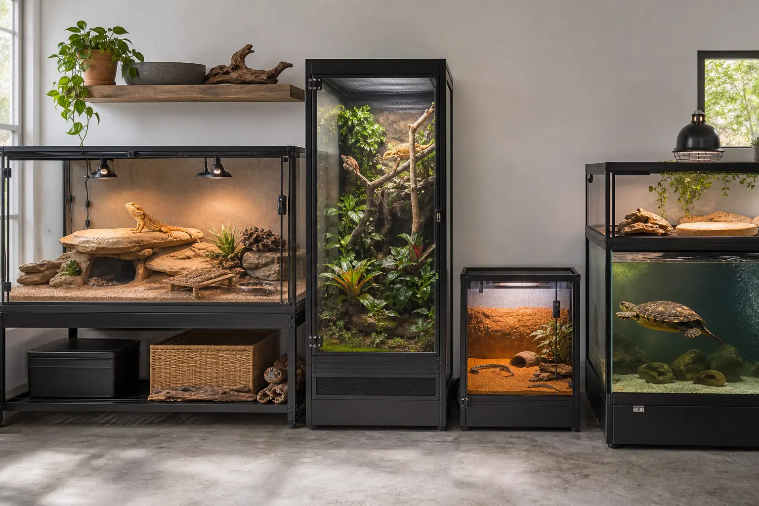 Separate terrestrial, arboreal, burrowing, and aquatic reptile habitats in one organized care room.