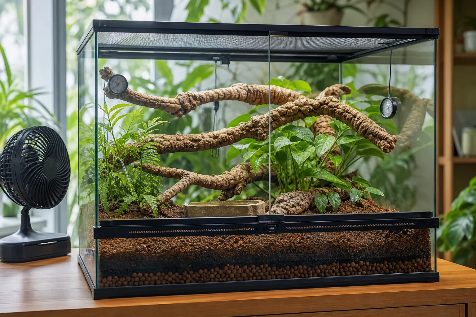Empty planted tropical enclosure with connected branches, drainage layers, cross ventilation, limited mist, probes, and external airflow.