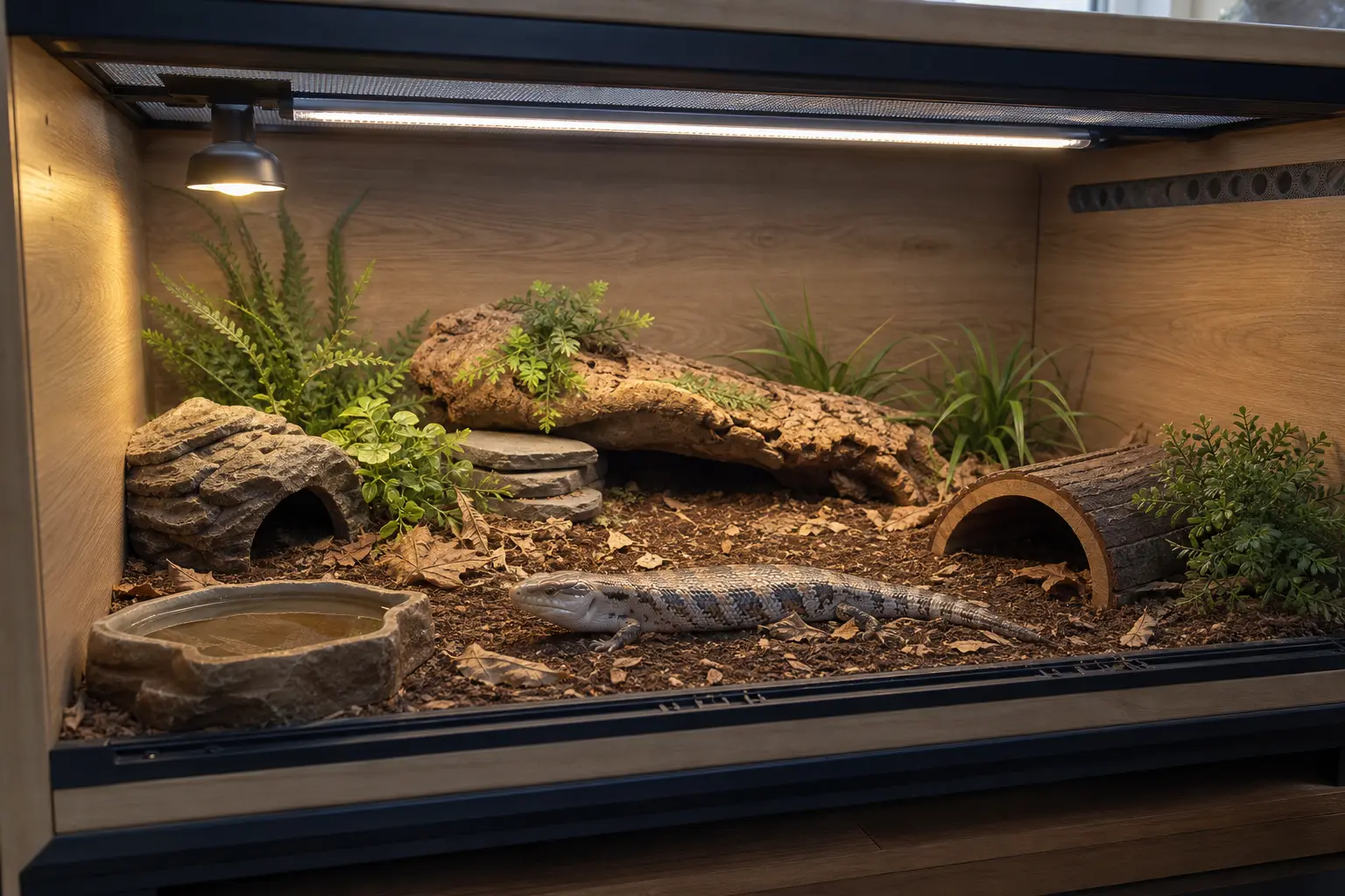 Blue-tongued skink in a broad terrestrial habitat with deep substrate, hides, water, basking heat, UVB, shade, and ventilation.