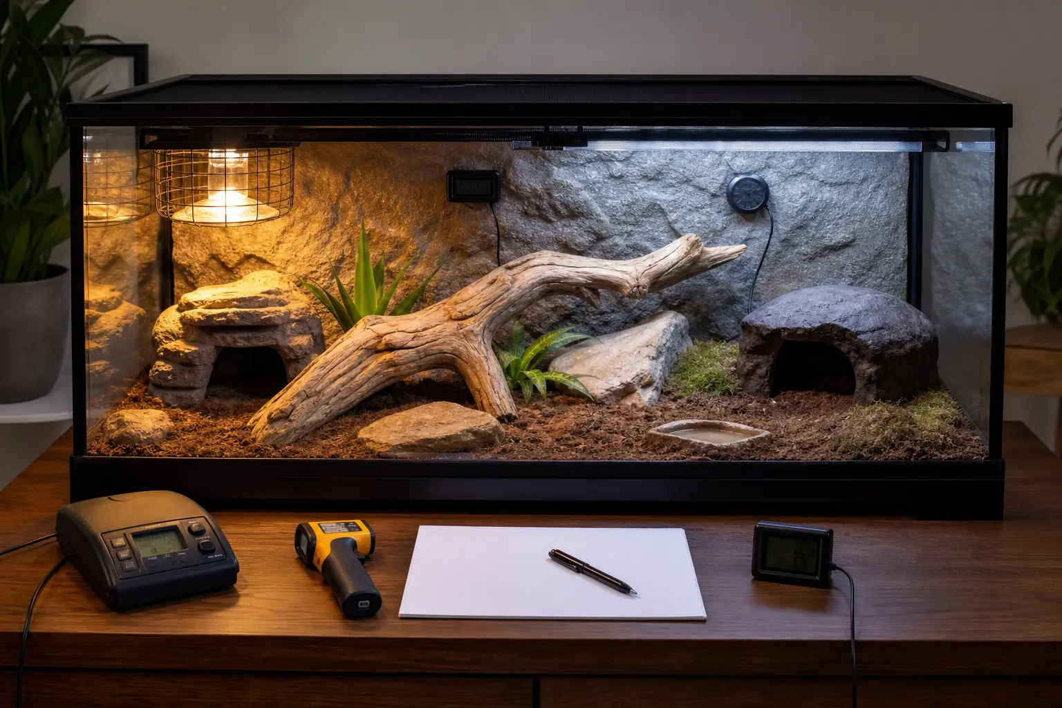 Empty reptile enclosure test-running with guarded heat, linear UVB, warm and cool hides, fixed probes, gauges, and a blank log.