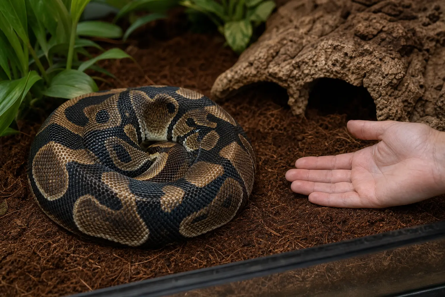 Adult ball python tucked into a defensive ball while an open hand pauses at a respectful distance.