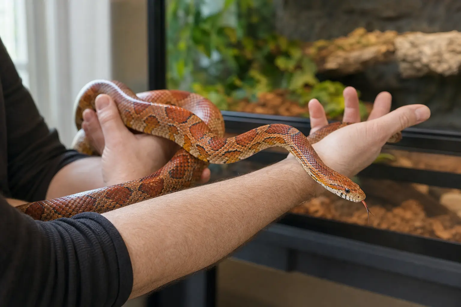 Adult corn snake exploring calmly across a keeper's fully supporting forearms and hands.
