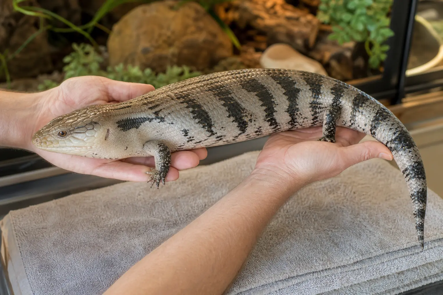 Adult blue-tongued skink resting across two hands with its body and tail supported over a soft surface.