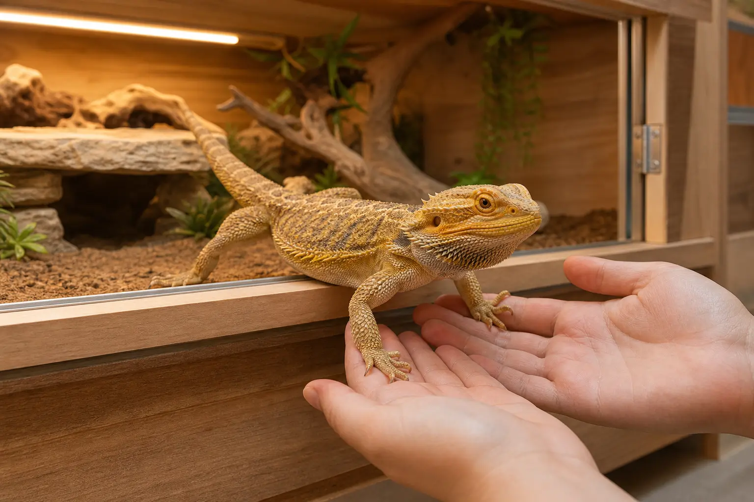 Adult bearded dragon choosing to step from its habitat onto two open hands waiting below.