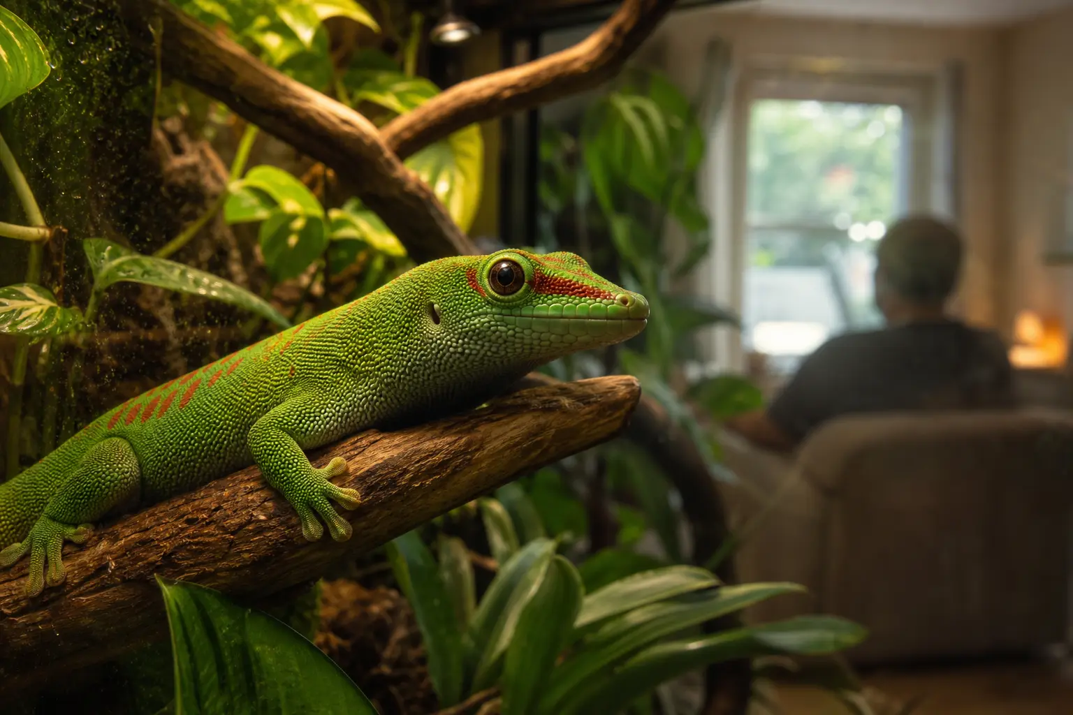 Adult Madagascar giant day gecko perched inside a planted habitat while its keeper watches quietly nearby.