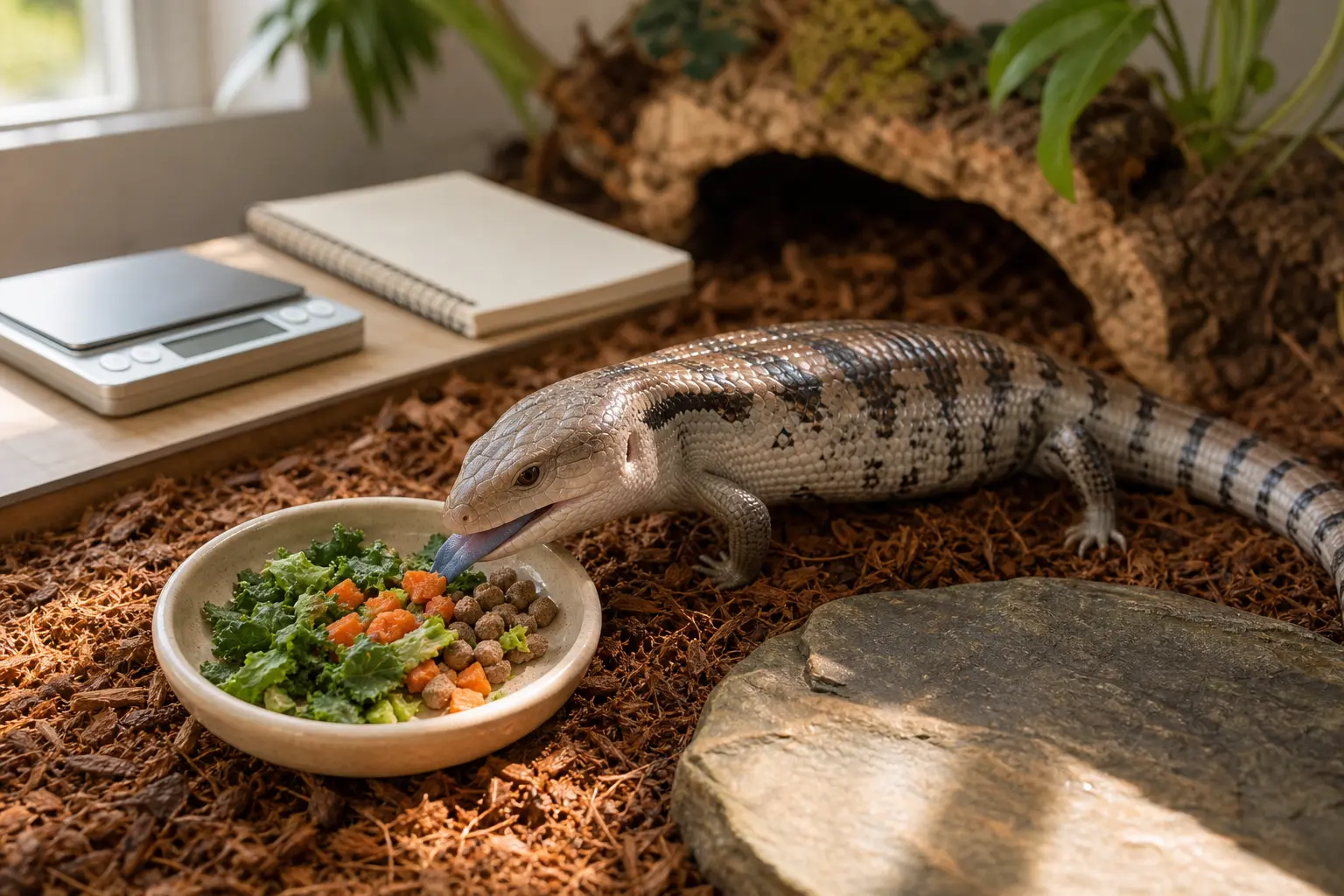 Healthy adult blue-tongued skink eating a mixed species-appropriate meal beside a gram scale and blank care notebook.