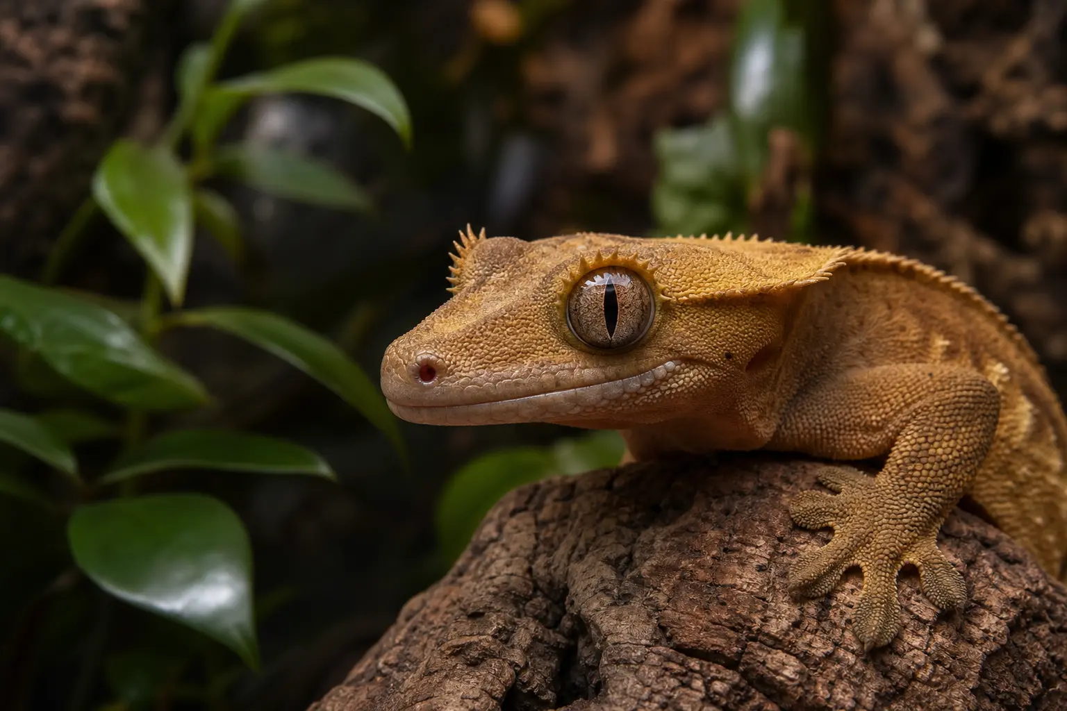 Healthy adult crested gecko with a bright clear eye and comfortably closed mouth resting on cork in a planted enclosure.