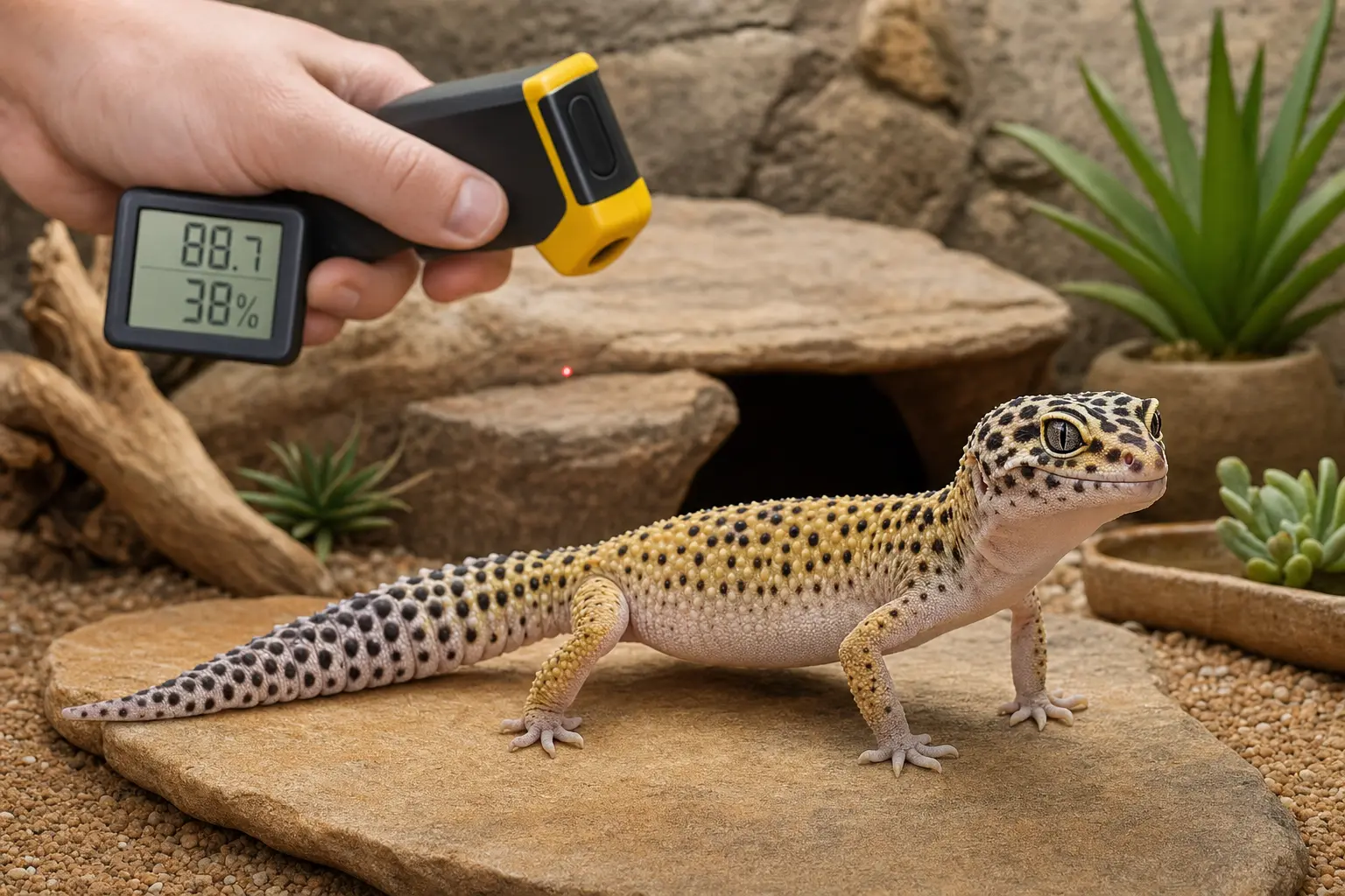 Healthy adult leopard gecko beside digital habitat readings while a keeper checks the basking surface temperature.