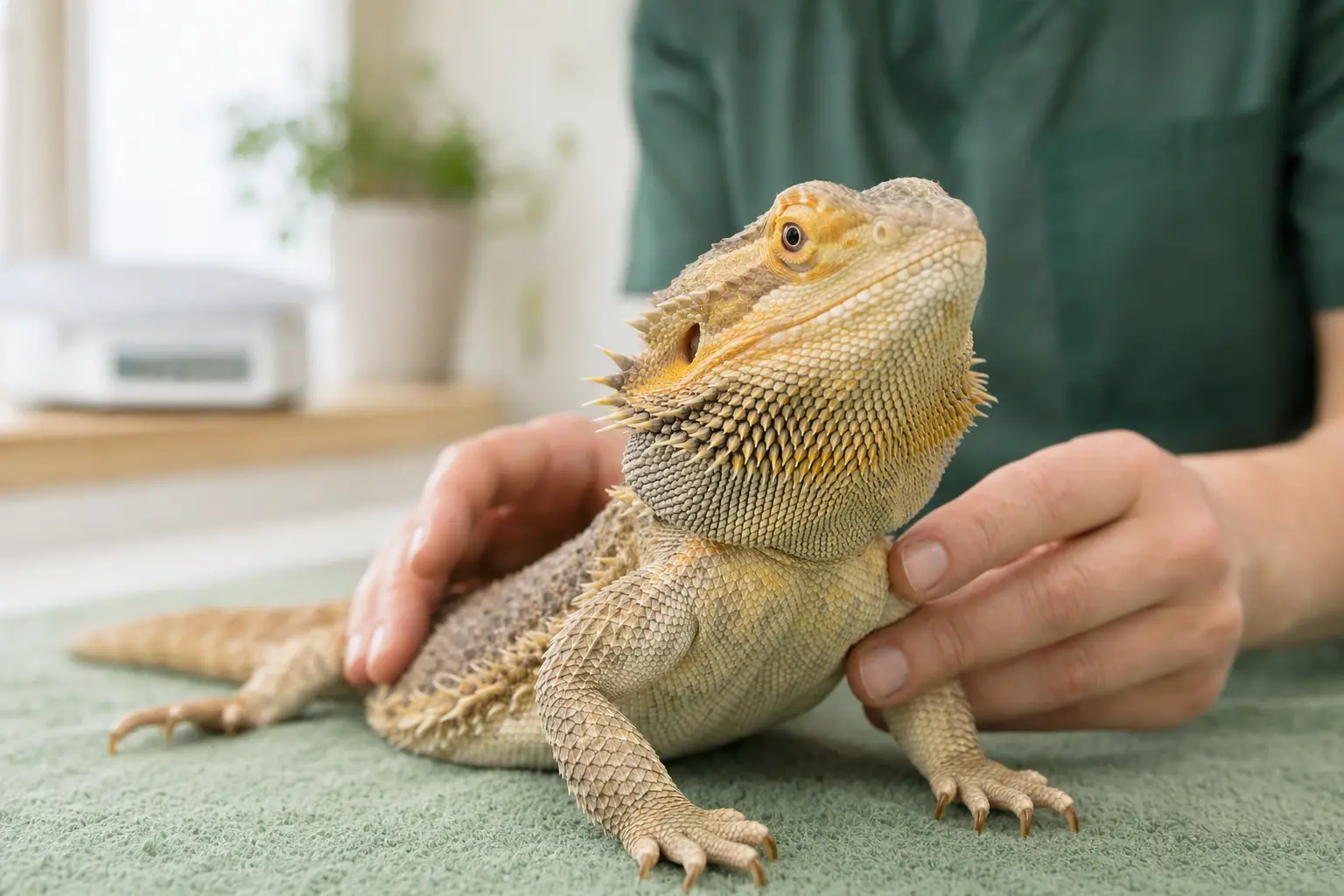 Healthy adult bearded dragon receiving a calm, gently supported wellness examination from a reptile veterinarian.