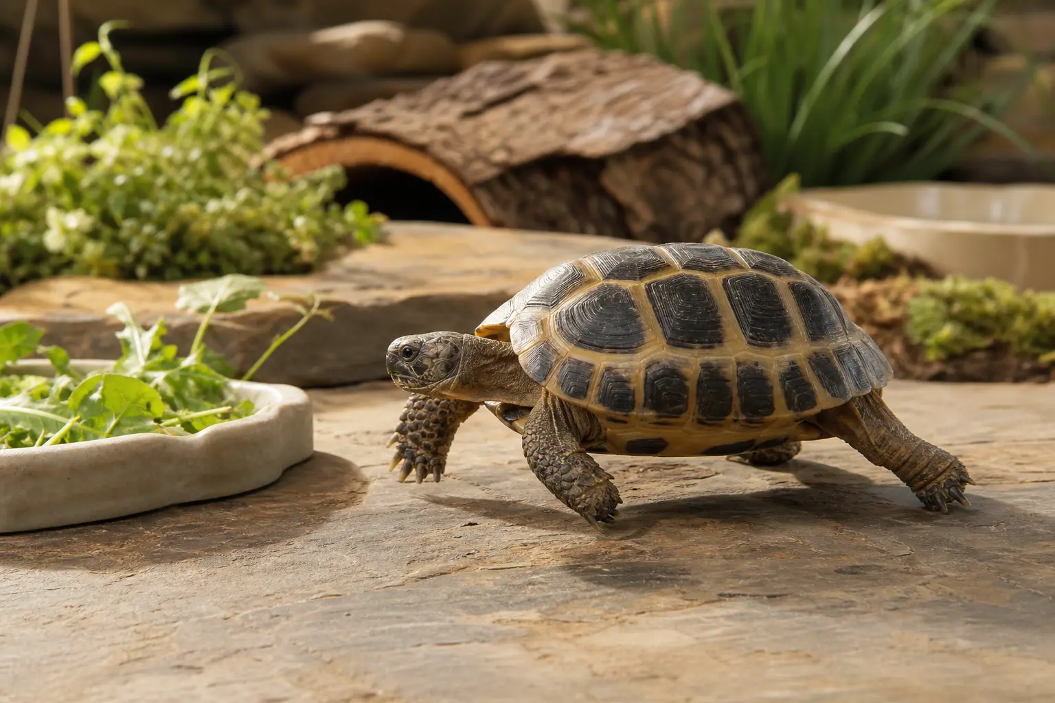 Healthy mature Russian tortoise walking steadily across a broad stone path in an enriched indoor habitat.