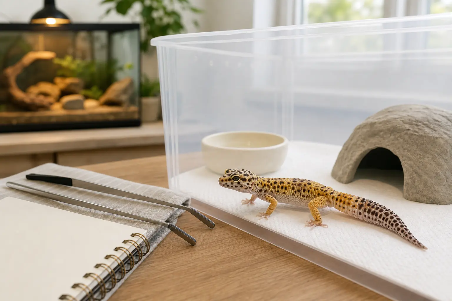 Healthy newly arrived leopard gecko in a clean separate observation enclosure with dedicated tools and a blank notebook.