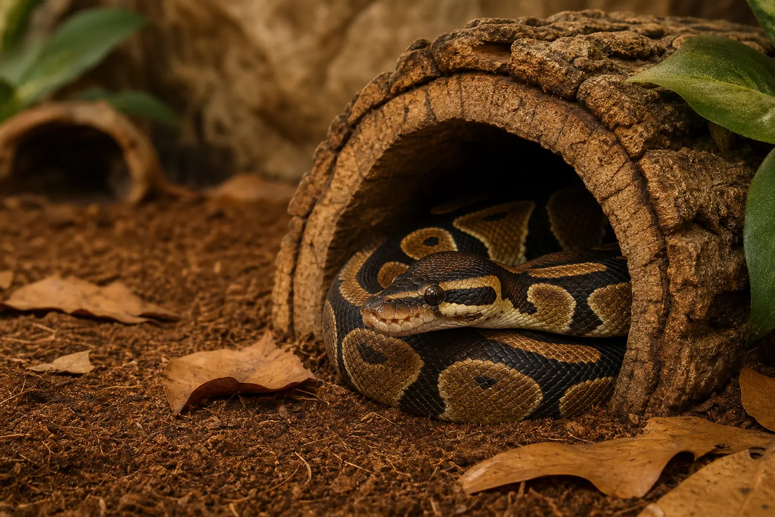 Healthy adult ball python resting calmly at the opening of a snug cork hide in a quiet enclosure.
