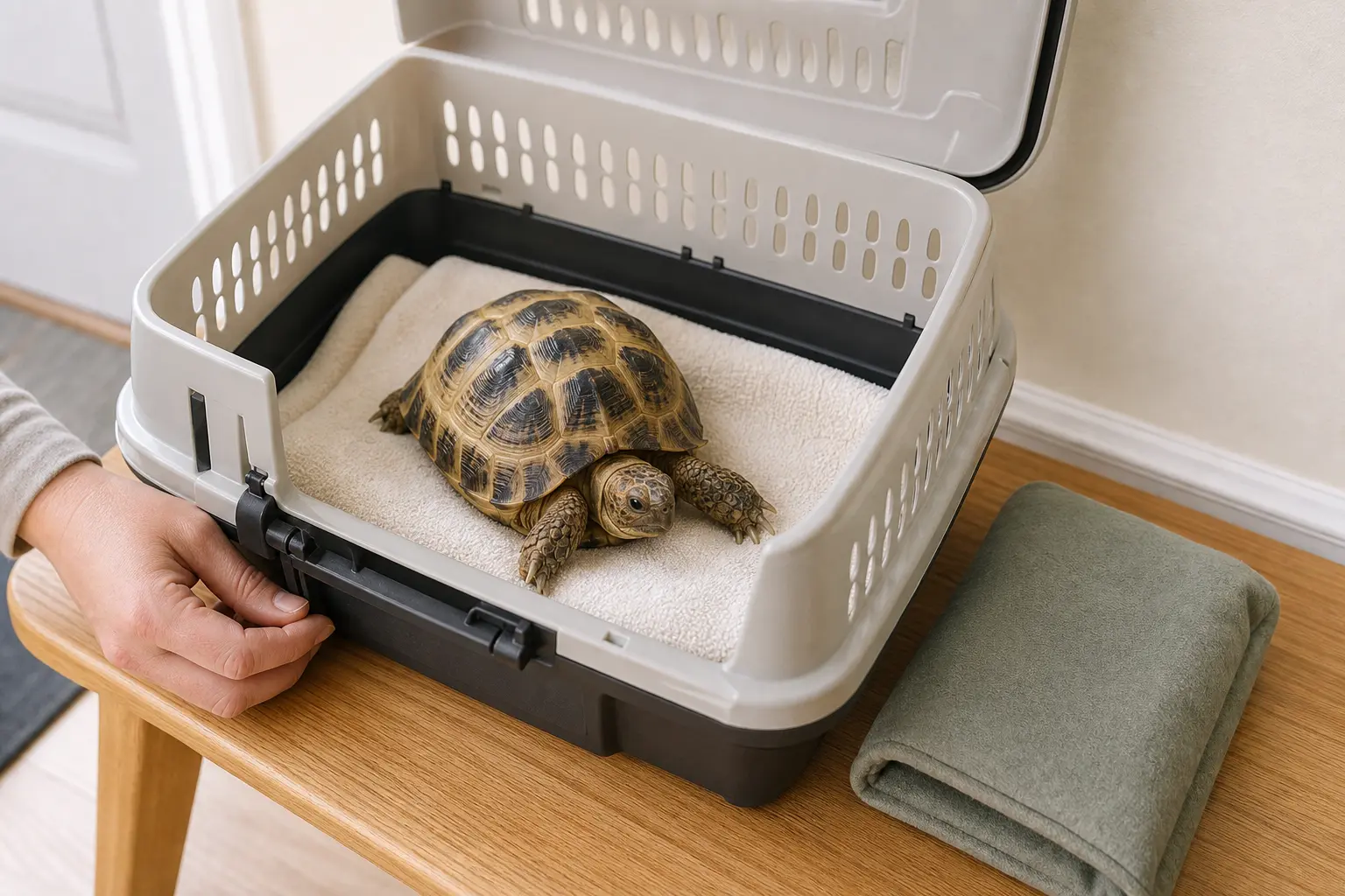 Healthy Russian tortoise in a secure ventilated carrier lined with a soft towel for a veterinary trip.