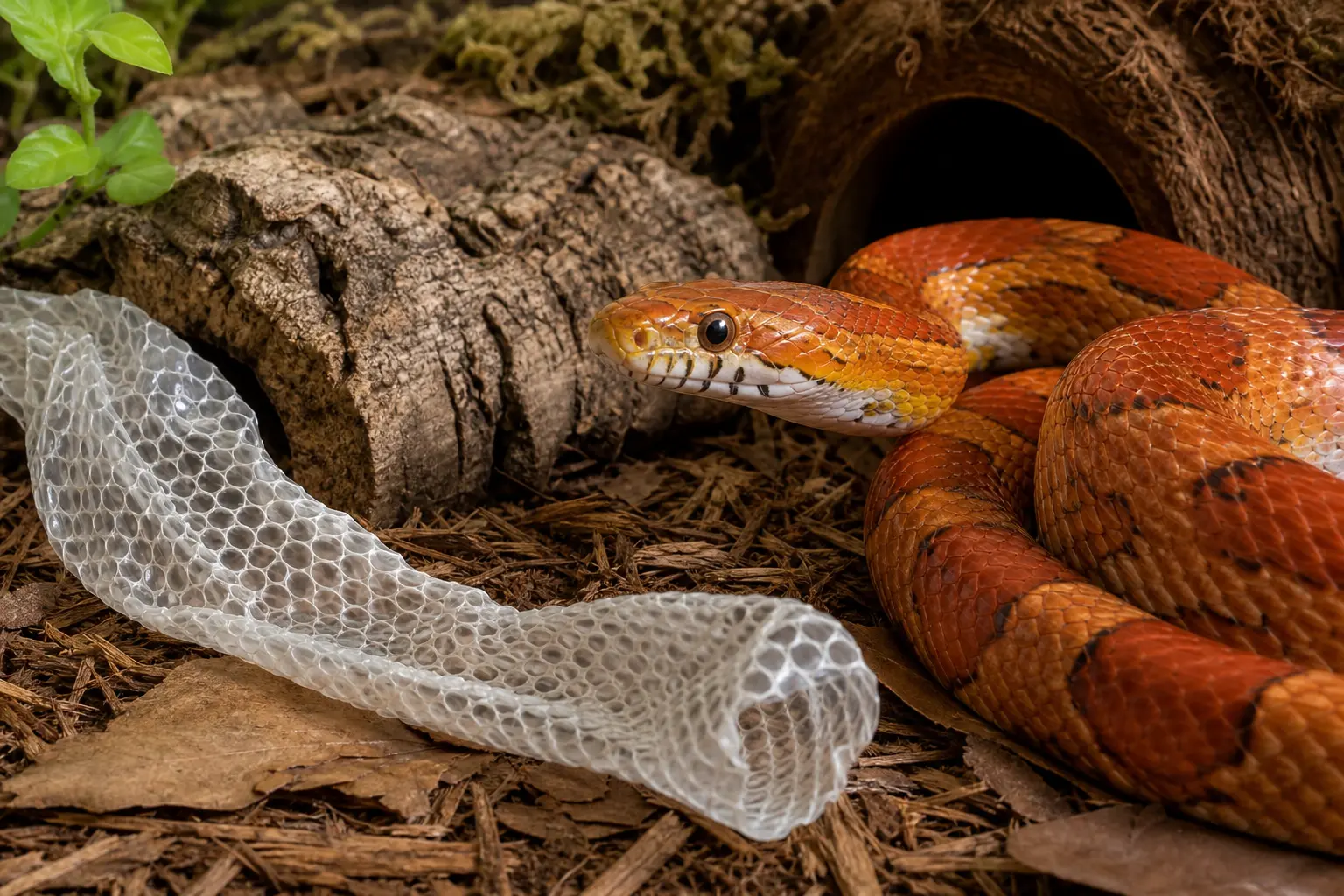 Healthy adult corn snake resting beside a clean complete shed skin in a naturalistic enclosure.