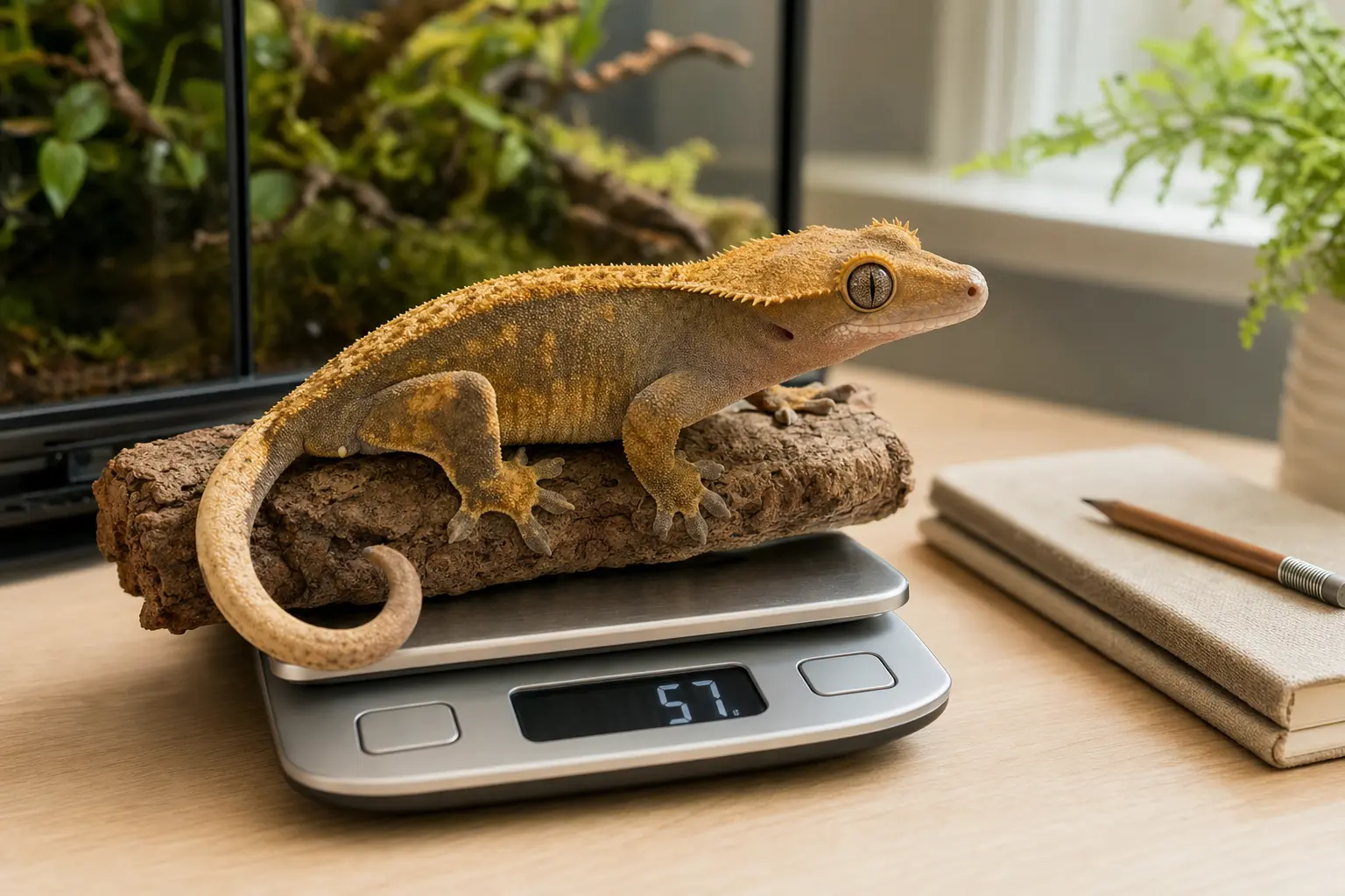 Healthy adult crested gecko standing on a cork perch during a gentle routine weight check.
