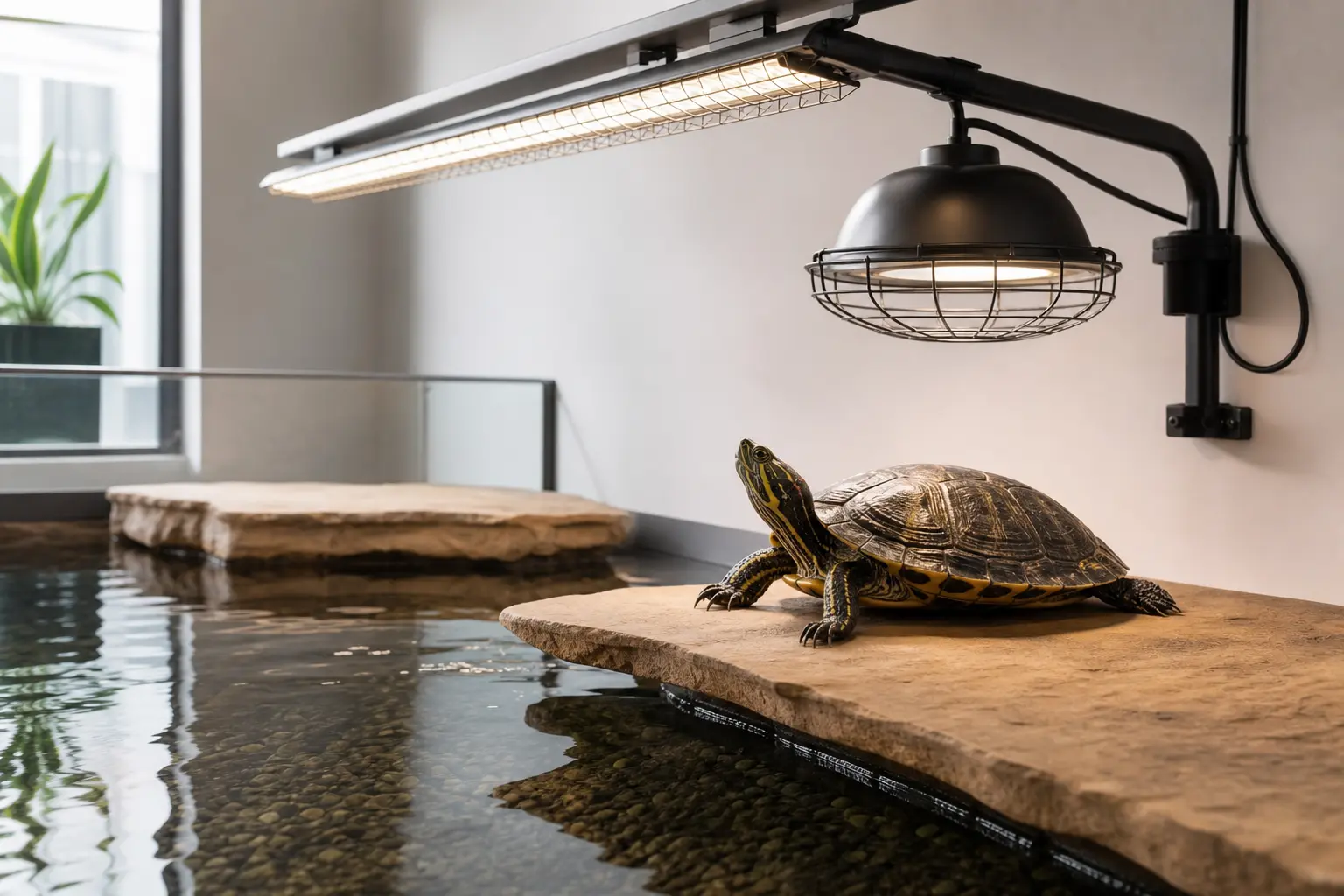 Pond slider completely out of the water on a wide dry platform beneath guarded heat and linear UVB fixtures.