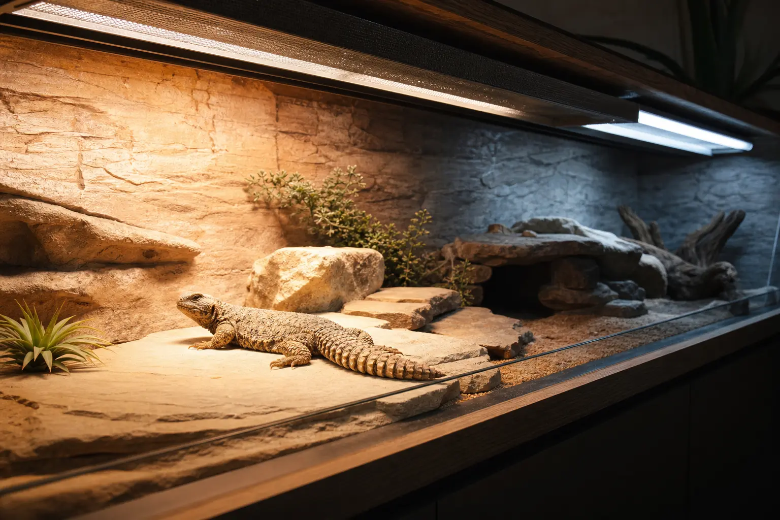 Uromastyx resting with its whole body inside a broad overhead basking zone with a shaded retreat at the far end.