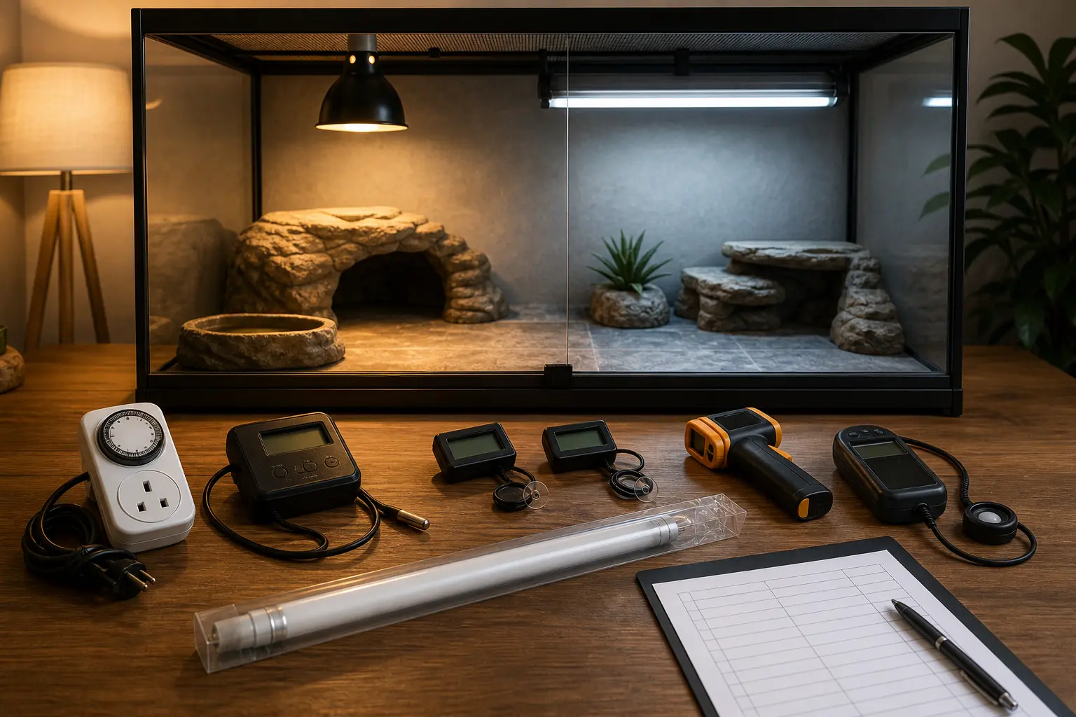 Empty reptile enclosure being commissioned beside a timer, thermostat, probe thermometers, infrared thermometer, UV meter, spare UVB tube, and blank maintenance log.