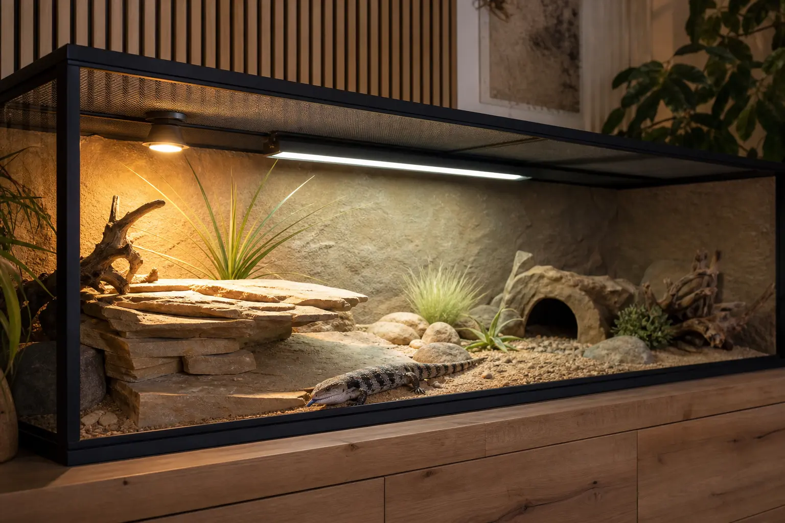 Blue-tongued skink habitat showing an overhead heat source, separate linear light fixture, warm basking end, and shaded cool retreat.
