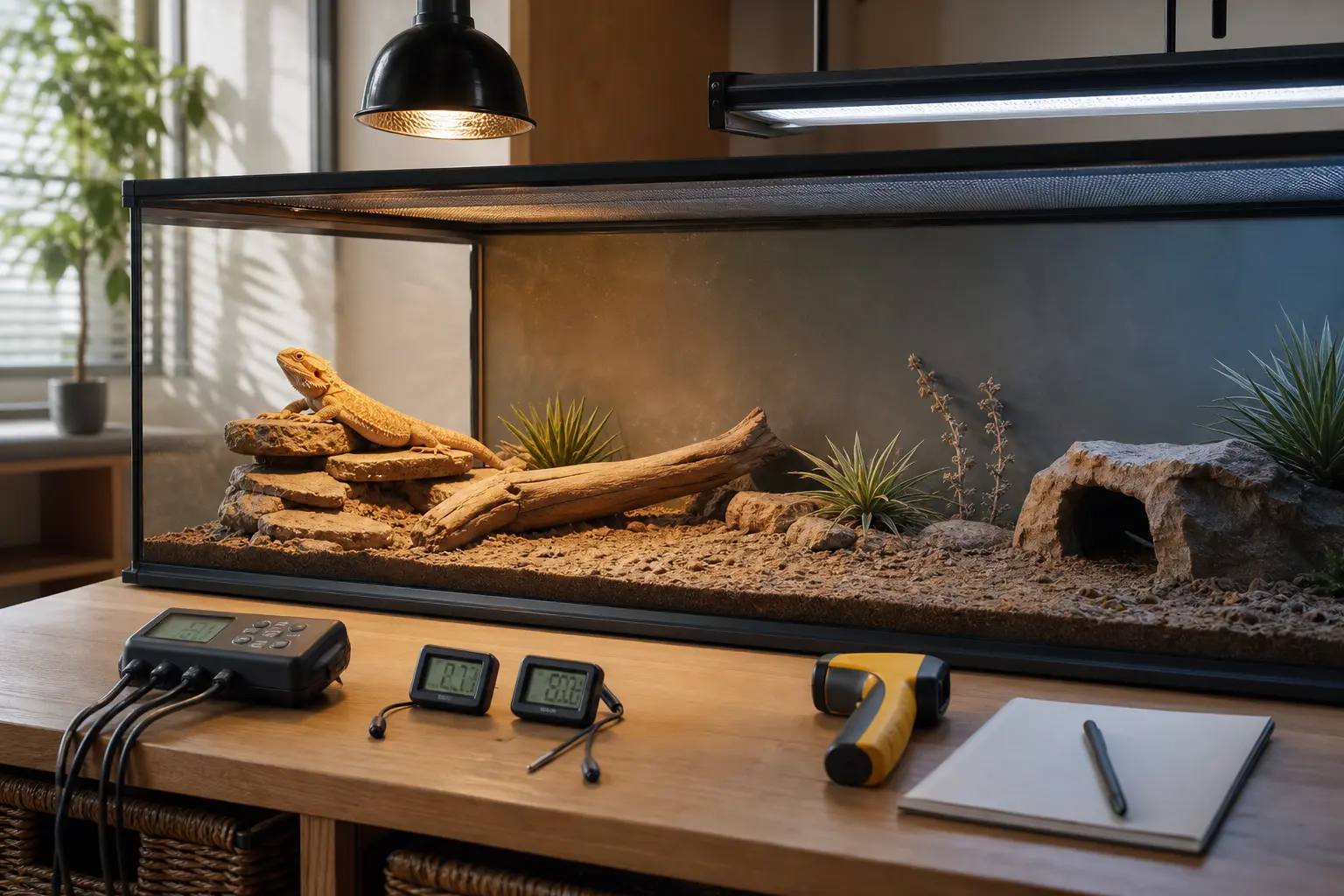 Bearded dragon enclosure with a basking lamp, linear UVB fixture, shaded retreat, thermostat, probe thermometers, infrared thermometer, and care log.