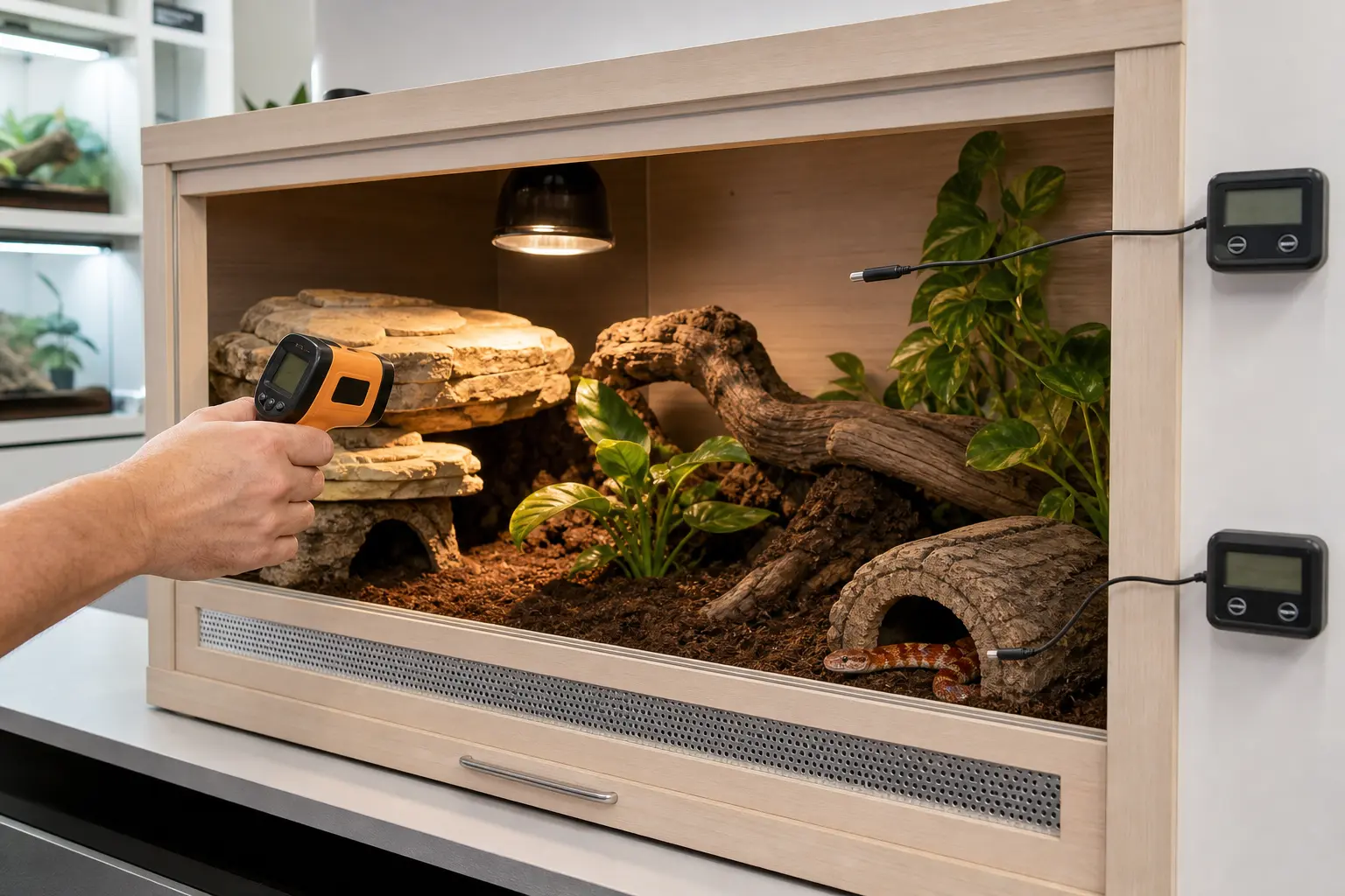 Keeper measuring a corn snake basking surface with an infrared thermometer beside fixed warm-hide and cool-hide probes.