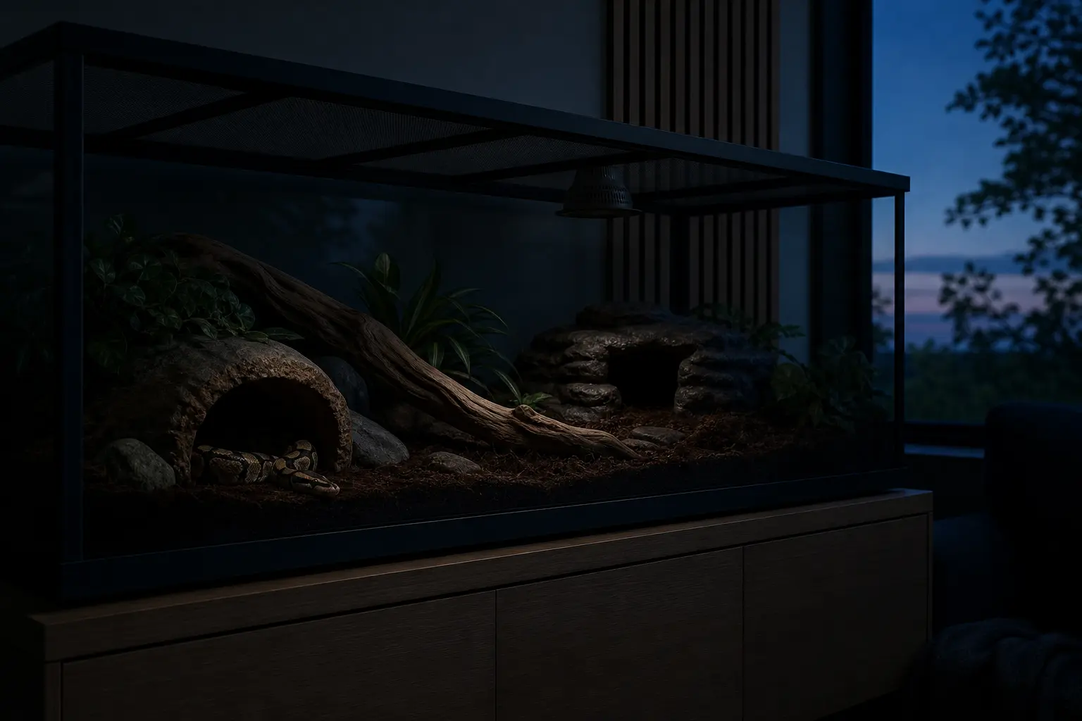 Dark ball python enclosure at twilight with daytime lights off, two hides, and a guarded non-light-emitting heater.