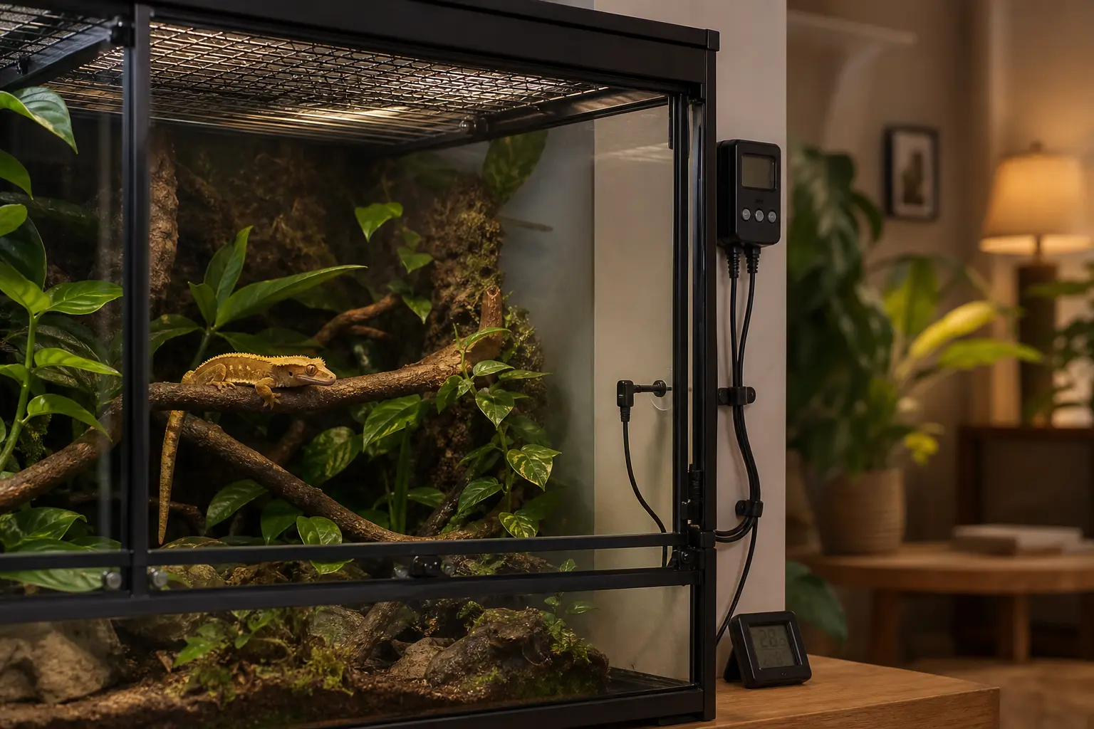 Crested gecko enclosure with guarded overhead heat, an external thermostat, fixed probe, separate thermometer, and secured cables.