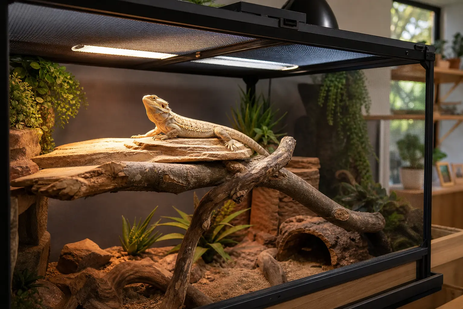 Bearded dragon basking where a linear UVB fixture overlaps the heated platform while shade remains available.