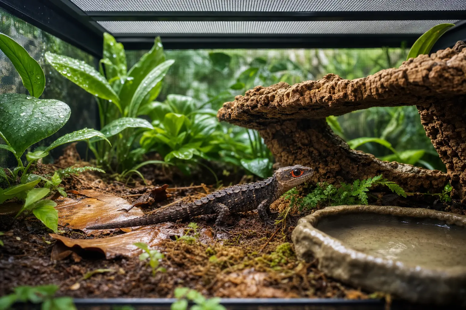 Red-eyed crocodile skink in a humid planted enclosure with visible mesh ventilation and a dry cork perch.