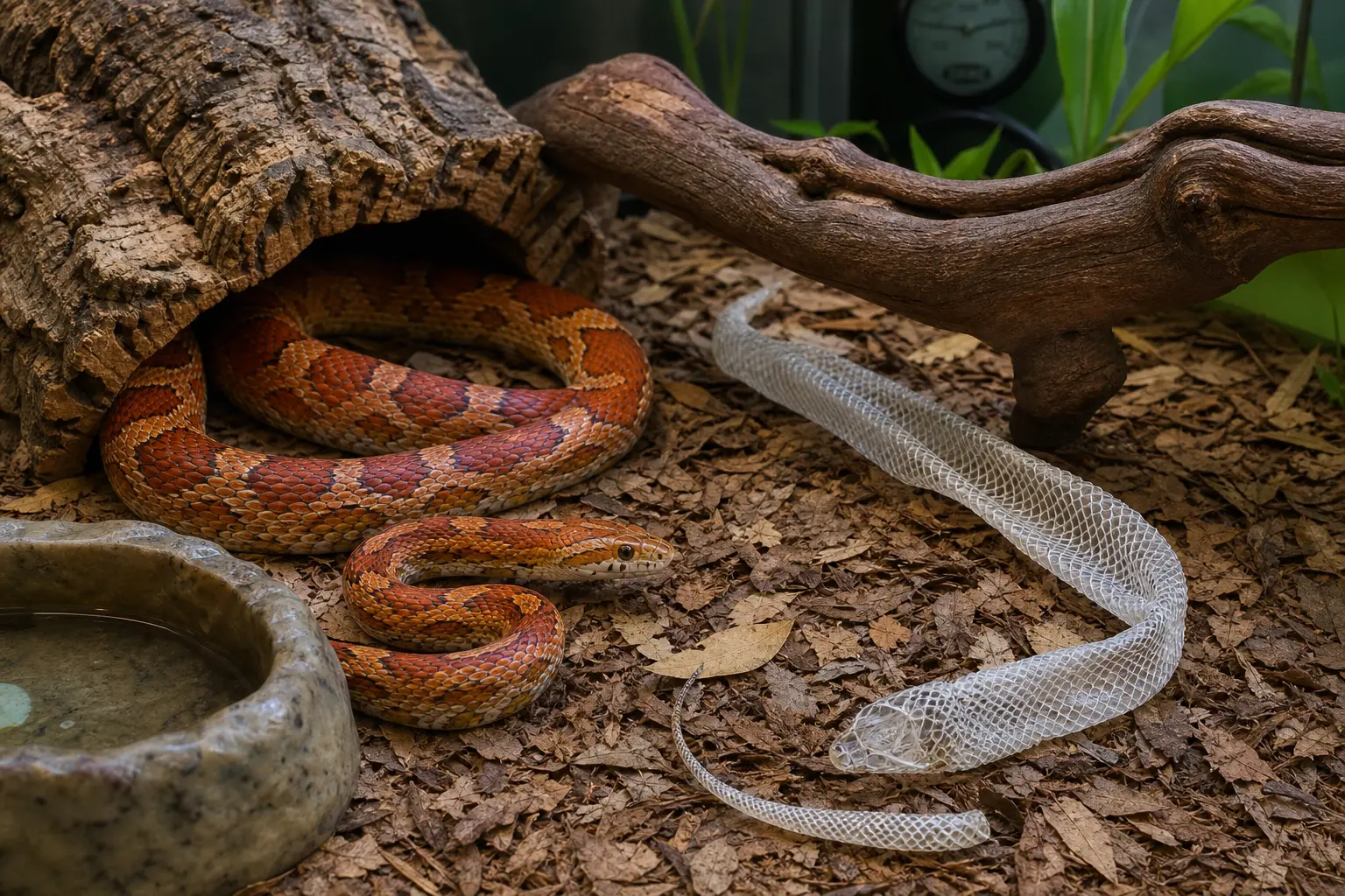 Corn snake beside a complete shed skin in a clean naturalistic enclosure.