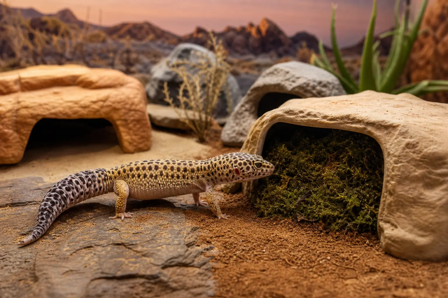 Leopard gecko beside a small moss-lined humid retreat while the surrounding habitat remains dry.
