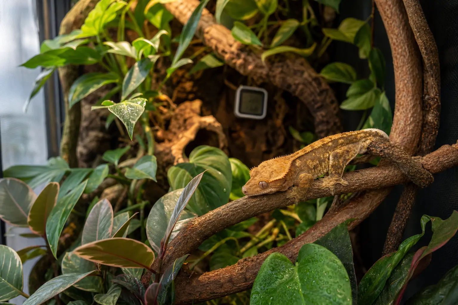 Crested gecko in a planted enclosure with clear foliage, water droplets, a dry perch, and a digital hygrometer.