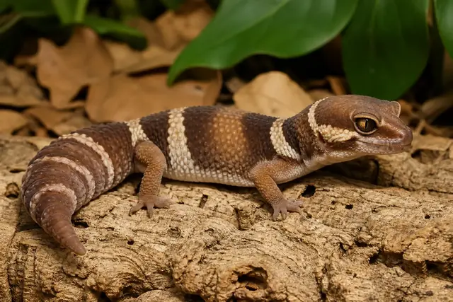 Adult African fat-tailed gecko resting on pale cork, with its warm brown bands, movable eyelid, and thick tail visible.