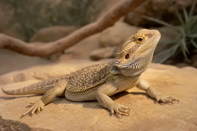 Adult central bearded dragon resting alertly on warm sandstone, with its full body, bright eye, and natural beard visible.