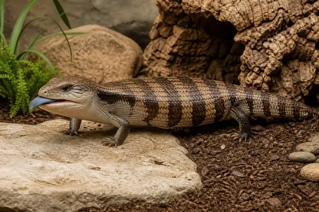 Adult eastern blue-tongued skink exploring beside cork, with its banded body and vivid blue tongue visible.
