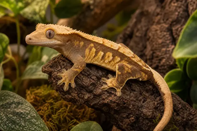 Adult crested gecko resting on cork, with its raised eyelash crests, broad toe pads, and intact tail visible.
