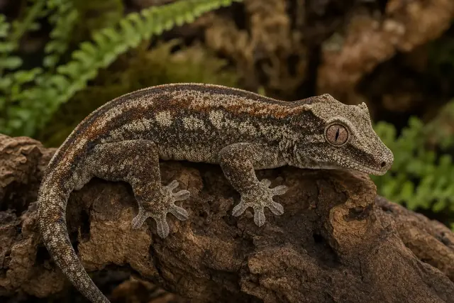 Adult gargoyle gecko resting on cork, with its pebbled skin, broad toe pads, and intact tail visible.