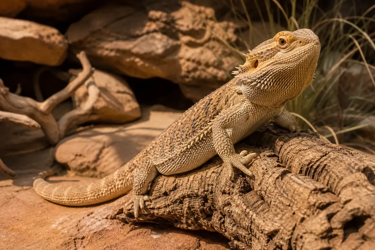 Adult central bearded dragon resting alertly on broad cork and looking upward in warm light.