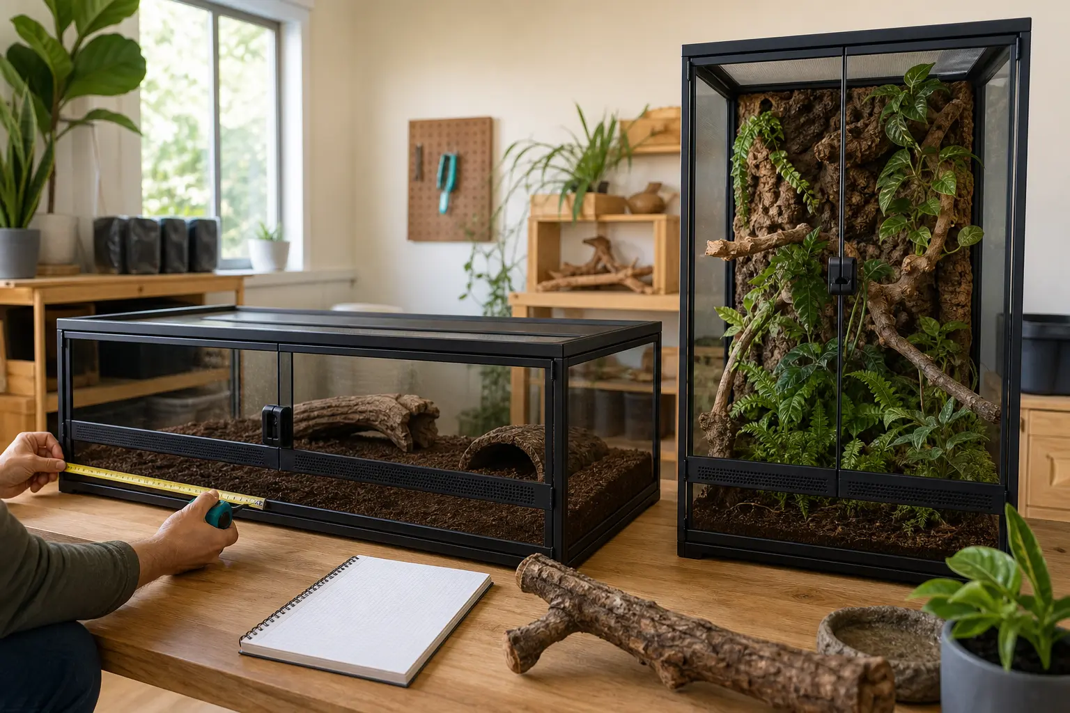 Keeper comparing a long terrestrial enclosure with a tall climbing terrarium before choosing a lizard.