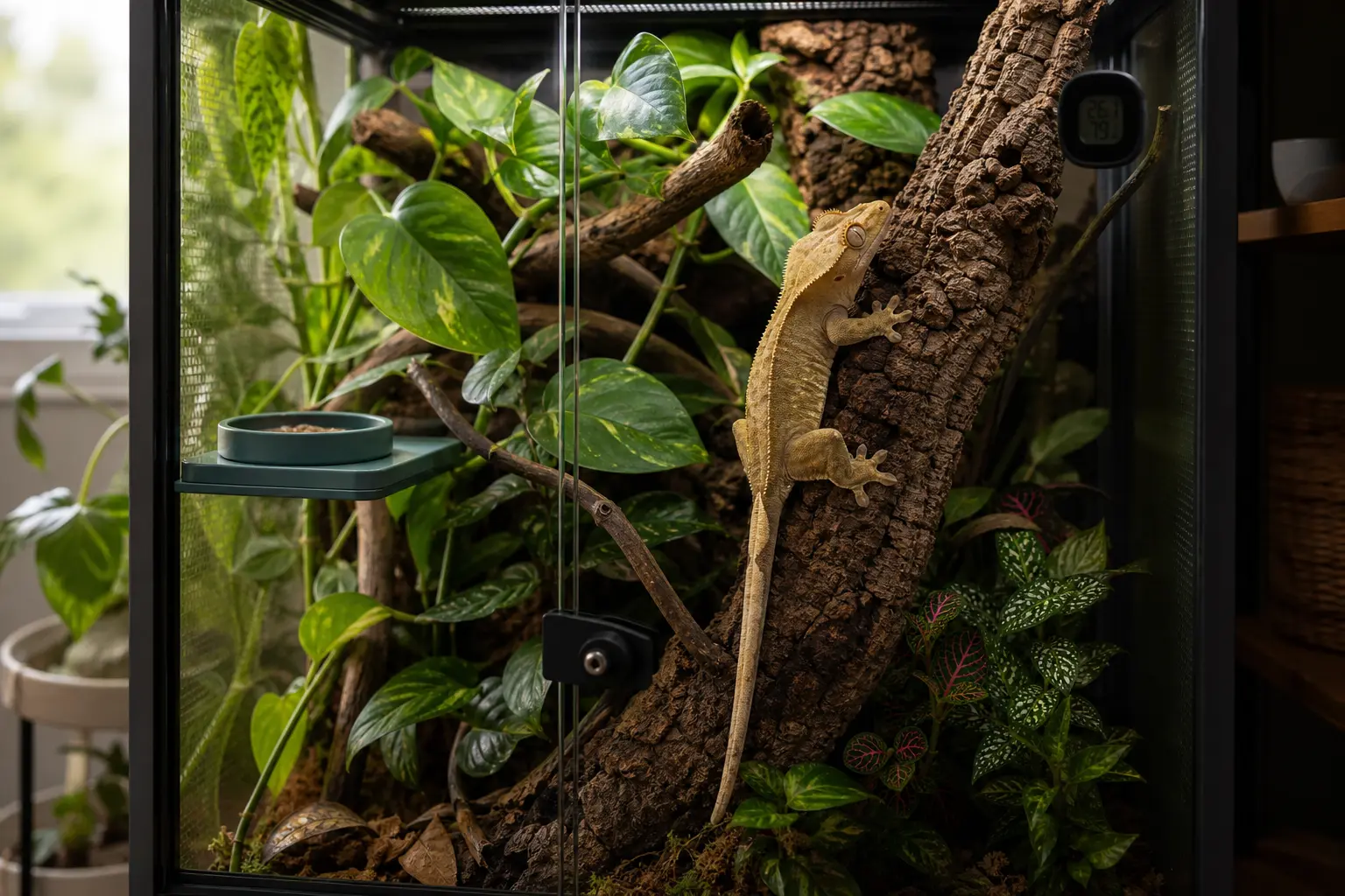 Crested gecko climbing cork in a tall, planted, well-ventilated terrarium.