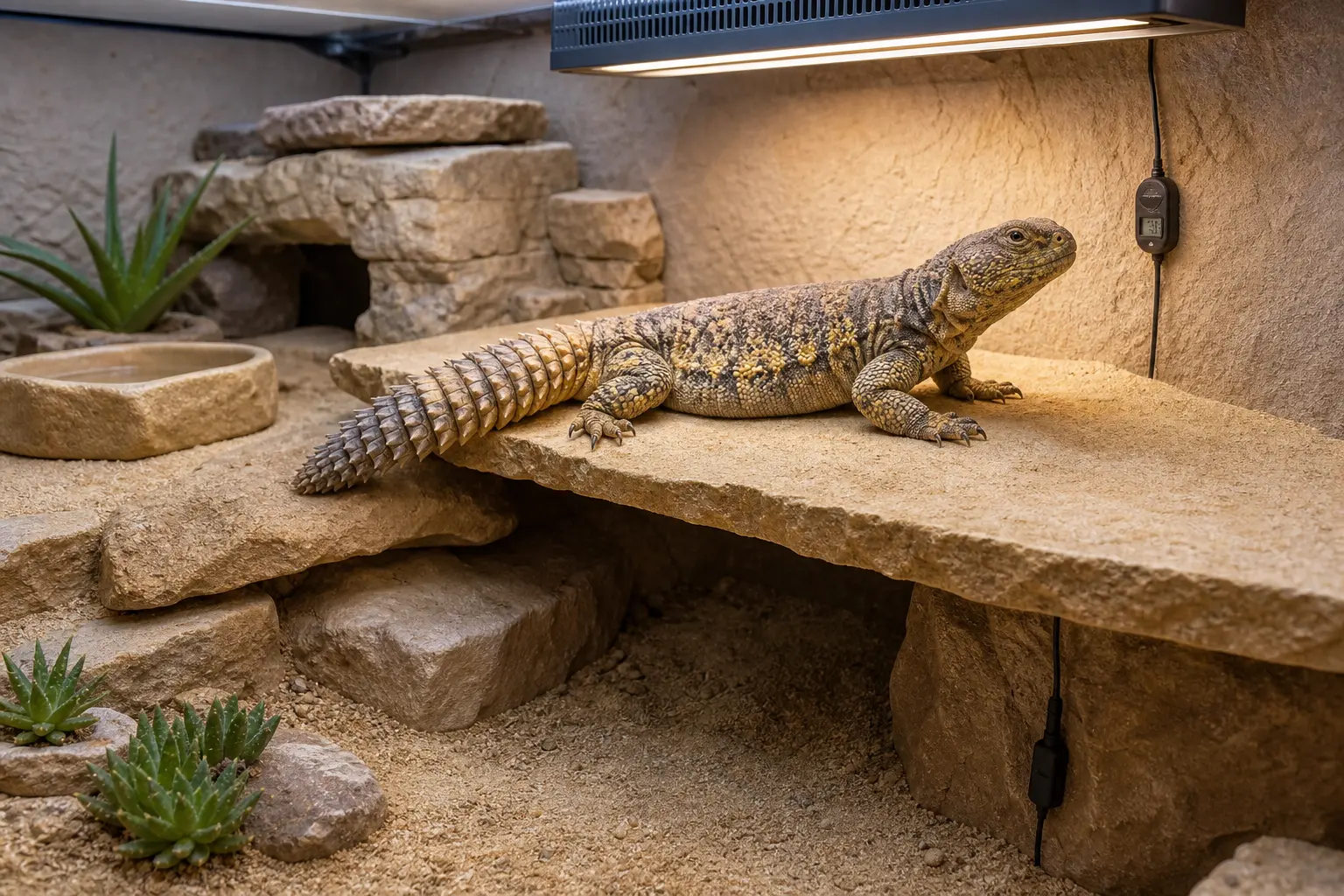 Uromastyx basking on a broad stone shelf in a spacious arid enclosure with measured light and heat.